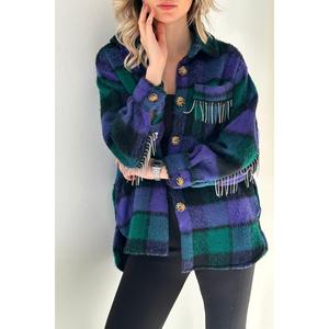 Camisa Casual de Franela Morada con Adornos de Cadena y Bolsillos, Suministro al por Mayor - Product Image 1