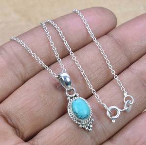 Blue Turquoise Sterling Silver Pendant Necklace Handmade Oval Gemstone Natural Stone Jewelry Gift For Women - Product Image 4