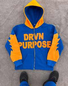Conjunto Deportivo de Lujo con Capucha y Cremallera en Color Azul y Naranja, Pantalones Deportivos con Estampado Gráfico DRVN PURPOSE, Diseño Holgado - Product Image 5