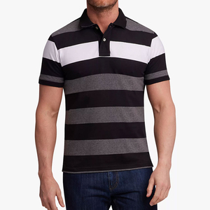 Camiseta Polo de Manga Corta a Rayas para Hombre, Tejida, Casual, Corte Regular, Diseño con Bloques de Color Negro, Gris y Blanco - Product Image 1