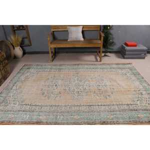 Alfombra Vintage de 5.7x8.6 pies, Alfombra Turca Grande, Alfombra de Lana Azul Marrón Estilo Suroeste - Product Image 3