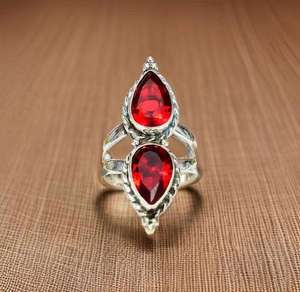 Anillo de fiesta de compromiso de boda de Plata de Ley 925 unisex con piedras preciosas de granate natural y diseño de flores de moda Diamante de corte de pera - Product Image 5