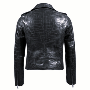 Veste en cuir de crocodile noir pour homme et femme, veste en cuir de crocodile de qualité supérieure, style motard texturé, poches zippées, ceinture à la taille - Product Image 5