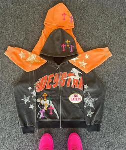 Sudadera con capucha para hombre con logotipo personalizado, cremallera, lavado ácido, efecto desgastado, bordada, 100% algodón, para invierno, al por mayor, económica - Product Image 5