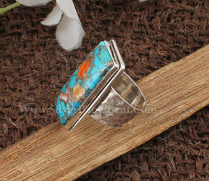 925 Sterling <b>Silver</b> <b>Ring</b> Rectangular Turquoise Inlay Unique Handmade Design <b>Statement</b> Unisex Wedding Jewelry Adjustable Size - Product Image 1