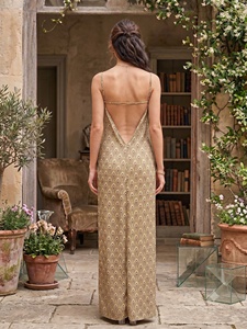Robe longue style bohème à imprimé géométrique, bretelles spaghetti, coupe ample, en viscose tissée, décontractée d'été, coupe trapèze, dos nu - Product Image 6