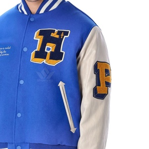 Chaqueta Varsity Azul Sólida de Lona Personalizada para Hombre, Cuello Alto, Logotipo Frontal, Corte Regular, Transpirable, Estilo Preppy, Ropa de Abrigo para Otoño - Product Image 5