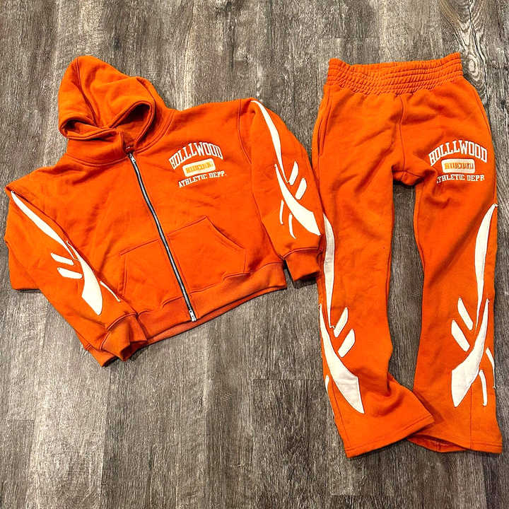 Custom Distressed Sweatuit Set Sun Faded Acid Wash Flared Tracksuit with Embroidery Applique Hoodie Sweat Pant for Winter