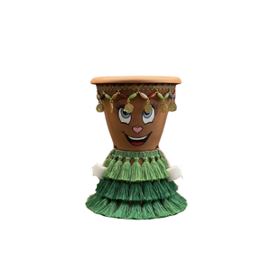 Boho Character Face Flower <b>Pot</b> Neon Green Fringe Dress Hand Painted <b>Plastic</b> Lightweight Desktop & Floor <b>Planter</b> NF LAUREN - Product Image 2