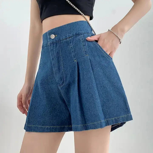 Shorts en jean taille haute pour femme, coupe ample, plissés, bleu, décontractés d'été, en tissu tissé respirant, style simple - Product Image 3