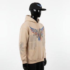 Sweat à capuche pour homme en coton mélangé lourd, molleton 320 GSM, beige neutre, logo en cristal thermocollé, streetwear, sweat-shirts basiques pour homme - Product Image 5