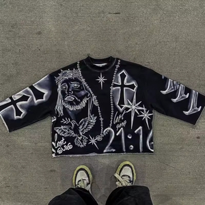 เสื้อยืดผ้าฝ้ายพิมพ์ลายไหล่300gsm คอกลมสีดำล้วนขนาด100นิ้วเสื้อยืดพิมพ์ลายวินเทจบ็อกซี่ฟิต - Product Image 1