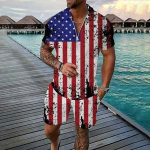 Ensemble deux pièces décontracté sportif pour homme, chemise à col montant unie personnalisée pour l'été, manches courtes, short, coton-polyester - Product Image 4