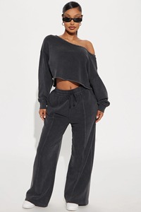 Sudadera holgada con hombros descubiertos de rizo francés de primera calidad y pantalones de chándal de pierna ancha holgados para mujer - Product Image 5