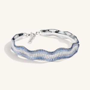 Luxury Women Rhodium Plated Wavy Choker <b>Necklace</b> and Matching Ring Set with Blue and Clear Cubic Zirconia Elegant <b>Statement</b> - Product Image 1