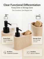 Distributeur de savon liquide 2-en-1 en polyrésine écologique jaune, design colonne romaine cannelée, avec pompe, pour cuisine et salle de bain