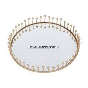 Marco de metal chapado en oro con cuentas de cristal transparente blanco, diseño creativo moderno, bandeja de espejo de forma redonda de proveedor indio - Product Image 6