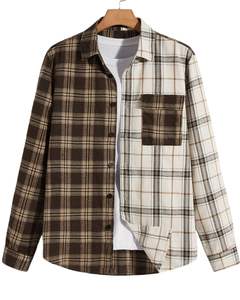 Chemise en flanelle à carreaux marron et blanc pour homme, personnalisée, à manches longues, boutonnée, décontractée, avec poche poitrine, douce et confortable - Product Image 1