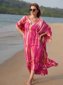 เสื้อคาฟตันคอวีแขนยาวสีย้อมดอกไม้สไตล์โบฮีเมียนเสื้อ100% ชายหาดชุดผ้าเรยอนฤดูร้อน - Product Image 3