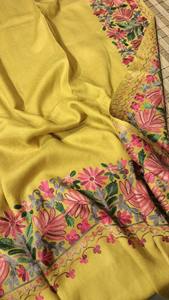 yellow Kashmiri <b>Shawl</b> in <b>Wool</b> with Classic Embroidery for Bridal Wear and Winter Ethnic Fashion - Product Image 3