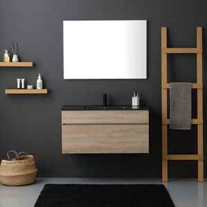 Meuble de salle de bain mural en chêne naturel de 100 cm avec lavabo noir mat Shanghai - Catégorie de produit : Lavabos - Product Image 2