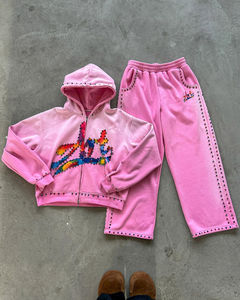 Ensemble de sweats à capuche et de pantalons de survêtement pour hommes décoloration au soleil délavé à l'acide haut GSM Streetwear Zip-Up DTG Print Drilled Gems Embroidered Oversized - Product Image 1