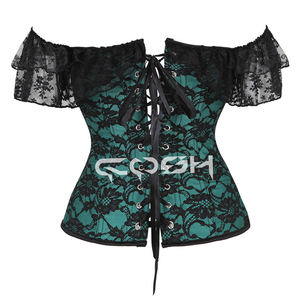 Corsé de Moda con Encaje Verde al Por Mayor |   Top Corset Gótico Personalizado con Mangas Caídas en los Hombros - Product Image 6