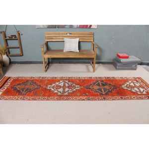 พรมตุรกีขนาด 2.7x10.4 ฟุต, พรมวินเทจแบบ Runner, พรมลายตารางสีแดงทำจากขนสัตว์ - Product Image 2