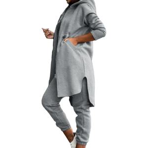 Respirant femmes costume femmes manteau à capuche pantalon ensemble avec irrégulière à manches longues polaire survêtement taille élastique - Product Image 5