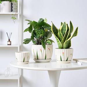 Juego de Macetas de Cerámica con Diseño Floral, Acabado Brillante, Duradero, para Decoración de Interiores, con Bandeja de Drenaje - Product Image 6