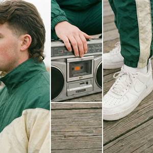 ชุดวอร์มวินเทจสไตล์ยุค 90 ผ้าฝ้ายย้อมสีแบบแอซิดวอช พิมพ์ลาย มีฮู้ด สำหรับผู้ชาย สีเขียวแบบคัลเลอร์บล็อก แต่งผ้าแบบแพทช์เวิร์ค ชุดสองชิ้น ผ้าฟลีซ - Product Image 4