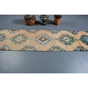 Alfombra turca vintage beige verde 2,6x11,4 pies área grande diseño clásico de retazos rectangulares respaldo de látex de lana para alfombra de habitación de pasillo - Product Image 3
