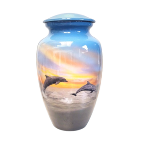 โกศบรรจุอัฐิสำหรับผู้ใหญ่ ลายปลาโลมาขี้เล่น แนวชายหาดและมหาสมุทร  โกศอะลูมิเนียมสำหรับงานศพ - Product Image 1