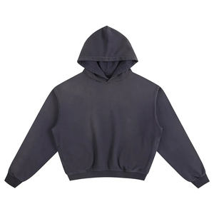 เสื้อฮู้ดดี้ผู้ชายสไตล์ดิสเทรส สีดำล้างสี ทรงโอเวอร์ไซส์ ผ้าฟลีซคอตตอน 100% แบบเรียบ สตรีทแวร์ รับสกรีนโลโก้ ขายส่งจำนวนมาก - Product Image 1