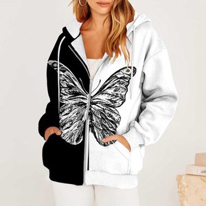 Sudaderas con capucha para mujer, estampado de mariposa, cordón con cremallera, manga larga, sudaderas para mujer, estampado informal, cremallera, Tops con capucha, blusa - Product Image 5