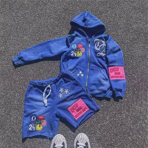 Custom <b>Men's</b> Streetwear <b>Zip</b>-Up Hoodie <b>Shorts</b> Set Fleece Sweatsuit Embroidery Patch Sun Faded Acid Washed Pattern Pockets - Product Image 4