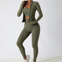 OEM & ODM Setelan Yoga Wanita 2 Potong dengan Ritsleting Penuh, Slim Fit, Lengan Panjang, Warna Nude, Polos, Bernapas, Ramah Lingkungan