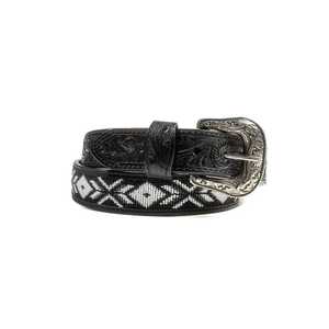 Ceinture en cuir noir vintage avec boucle en alliage et perles tribales blanches - Style western cowboy rodeo - Product Image 1