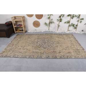 Alfombra Turca Clásica Vintage, Diseño de Retazos Beige Azul, 5,5X8,9 Pies, Área Grande, Piel de Lana, Látex para Pasillo, Espacio Rectangular - Product Image 3