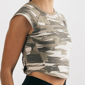 Manches cape ajustées en 95% coton 5% Spandex pour femmes, encolure ras du cou en forme de Raglan, en toile bronzée, camouflage, ourlet court, t-shir - Product Image 6