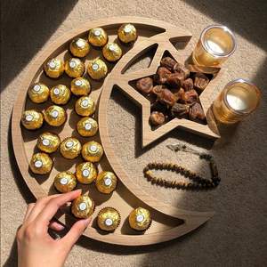 Natural Solid Wood Moon Star Ramadan Serving Tray Eid Mubarak Decorative Platter Islamic Home Party Snack Dish Compartments Arts - Product Image 3