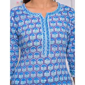 Blue Hand-Drawn <b>Block</b> <b>Printed</b> Cotton Kurta Pant Set with Dupatta Ethnic Indian Wedding and Party Wear Stitched - Product Image 2