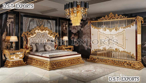 Lit Queen Size Doré Style Français avec Table de Chevet, Meubles de Chambre de Luxe Personnalisés de Haute Qualité, Style Baroque Feuille d'Or, Vente USA - Product Image 6