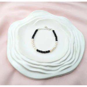Vintage Black Spinel & Pearl Bracelet with Diamond Rhodium Plated for Gift <b>Charm</b> <b>Bangles</b> Beaded Style - Product Image 3