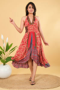 Elegante vestido Maxi de seda para mujer Flujo libre Halter Sin espalda Boho Estampado Ropa de fiesta India Cintura natural Vestido largo hasta el suelo - Product Image 4