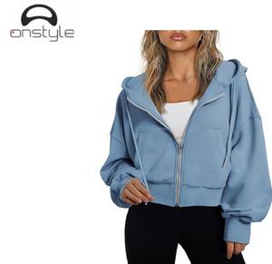 Onstyle Sports <b>women</b> casual crop hoodie <b>zip</b> <b>up</b> front with hood lightweight fabric short length long sleeve <b>jacket</b> - Product Image 6