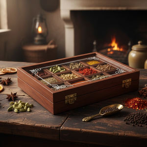 Boîte à épices élégante en bois brun écologique, finition lisse et polie, artisanale, plusieurs compartiments pour un rangement sûr et la cuisine - Product Image 5