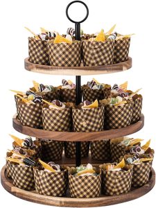 Plateau de service en bois d'acacia et bambou à 2 niveaux Cupcake Desserts Fruits Snack Holder avec logo laser écologique quantité minimale de commande 100pcs - Product Image 5
