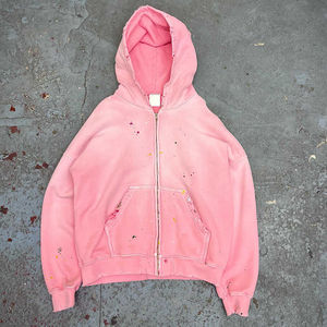 Sudadera con capucha OEM para hombre, estilo urbano, 500 g/m², de gran tamaño, rosa, con lavado ácido, vintage, rasgada, con agujeros y cremallera. - Product Image 4