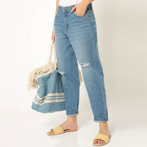 Pantalones Vaqueros de Mujer con Estilo, Desgastados, de Frente Plano, Novedad, Estilo Urbano, Acampanados, Transpirables, de Secado Rápido, con Cordón Ajustable, de Spandex/Algodón - Product Image 1